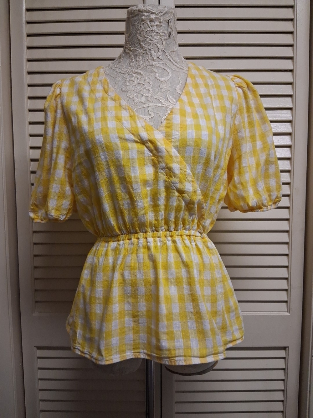 Vintage Y2k  St. John's Bay Yellow Gingham Summer Peplum PrairieTop Sz S